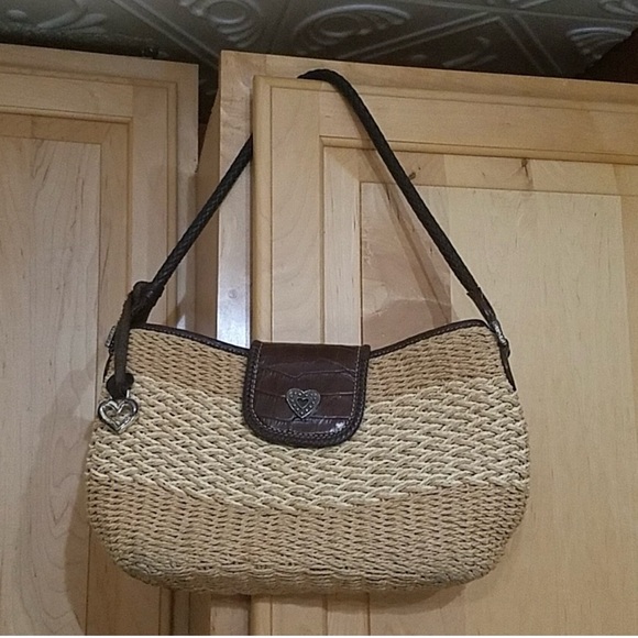 Brighton Handbags - Brighton Tan and Brown soft straw Shoulder Bag with the Classic Heart Charm